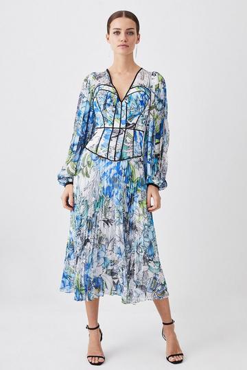 Petite Corset Detail Floral Pleated Woven Maxi Dress blue