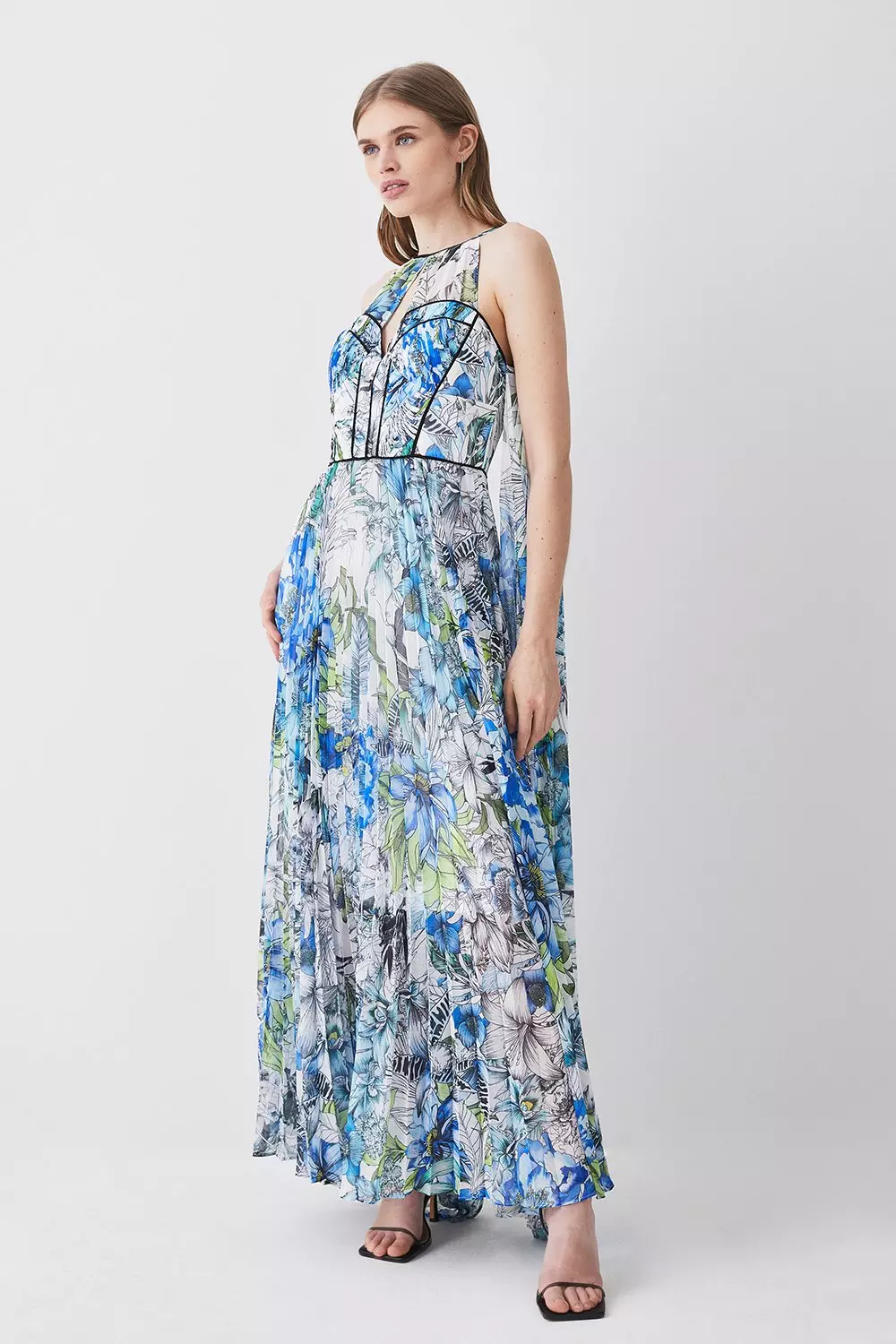 Tall Corset Detail Floral Pleated Halter Woven Maxi Dress