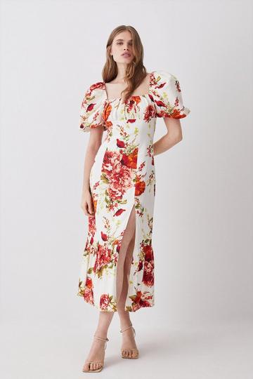 Rose Print Linen Viscose Woven Midi Dress rose