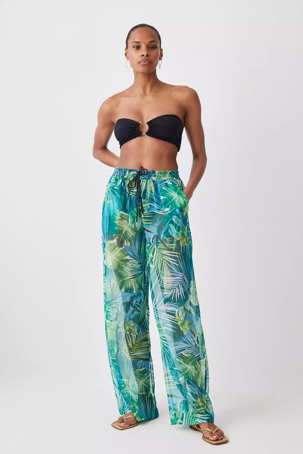 Tropical Print Wide Leg Pants, Casual Beach Wear Tie Waist Pants For Spring  & Summer, Women's Clothing