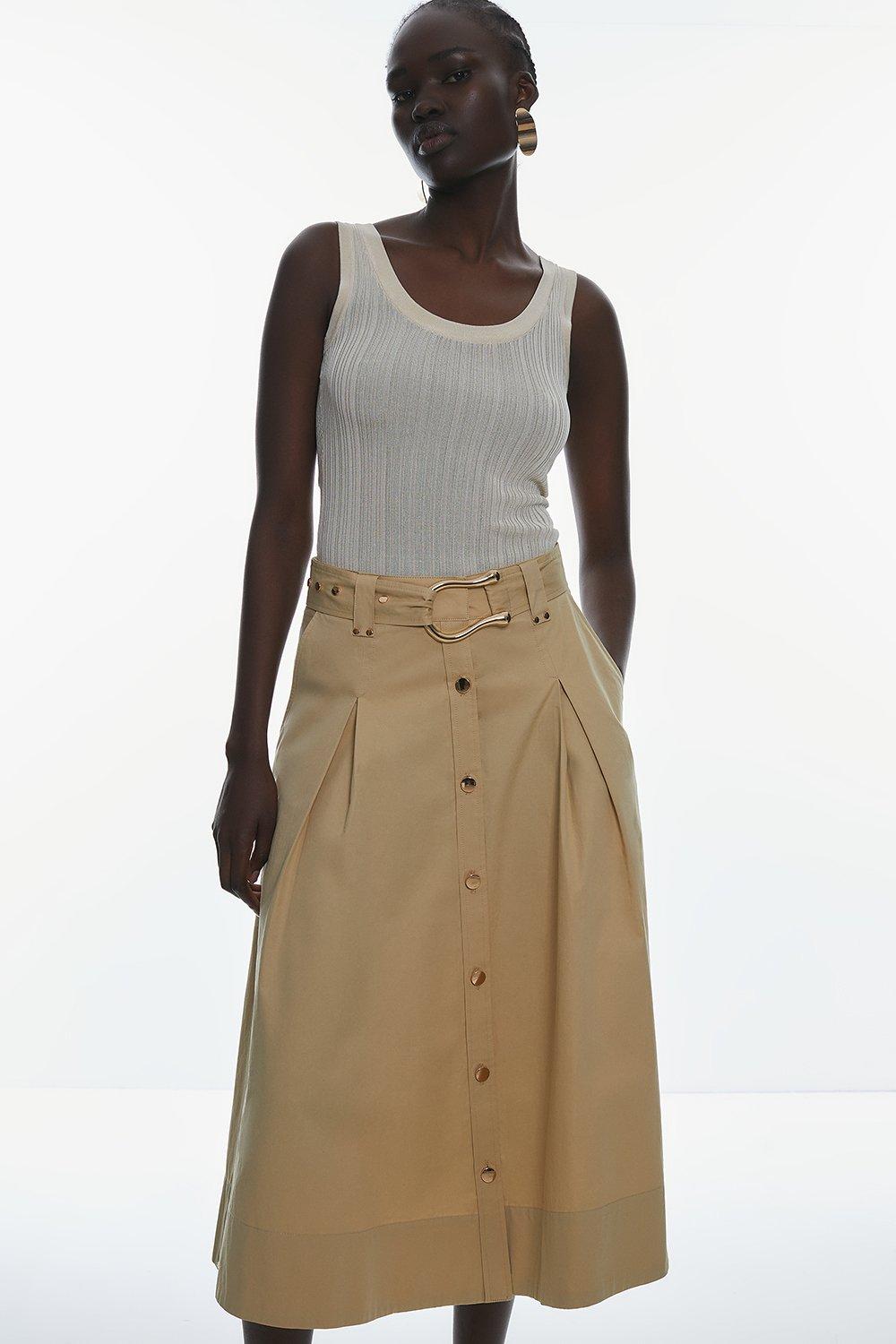 Cotton Sateen Midi Belted Skirt | Karen Millen