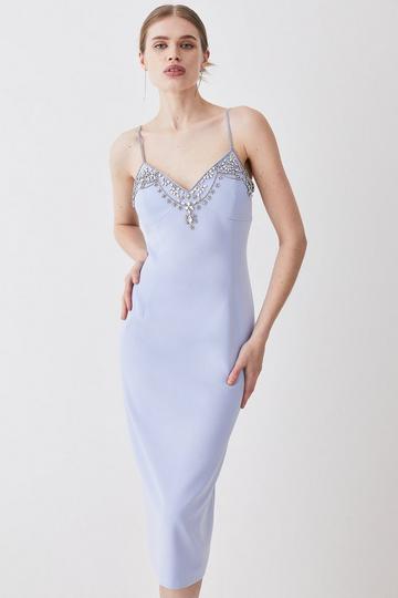 Blue Crystal Embellished Strappy Woven Midi Dress