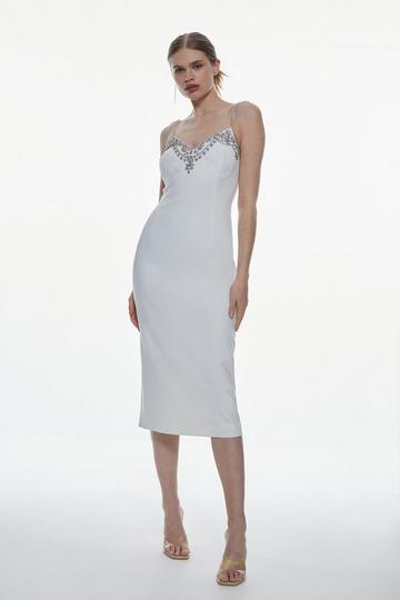 Crystal Embellished Strappy Woven Midi Dress ivory