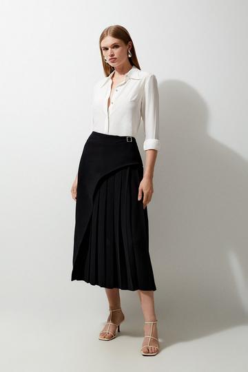 Black Tailored Buckle Detail Pleated Midi Skirt
