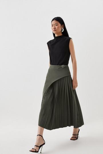 Tailored Buckle Detail Pleated Midi Skirt khaki