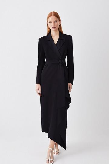 Black Drape Belted Long Sleeve Soft Tailored Midi Dress