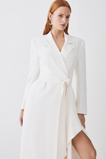 Drape Belted Long Sleeve Soft Tailored Midi Dress ivory