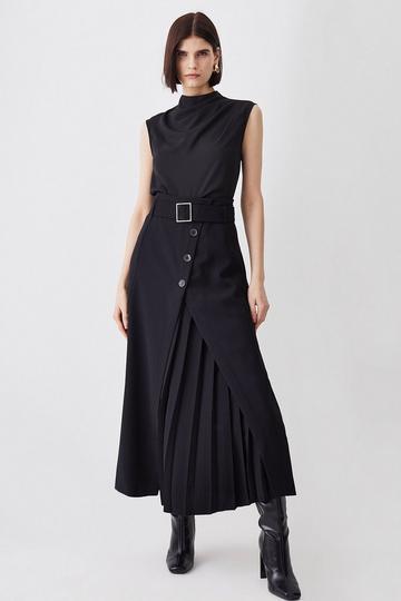 Black Belted Wrap Pleat Detail Midi Skirt