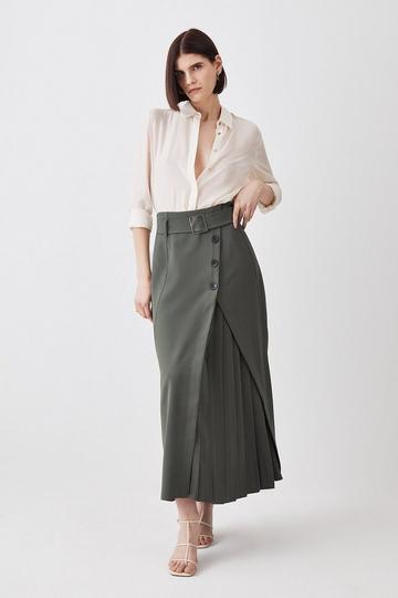Belted Wrap Pleat Detail Midi Skirt khaki
