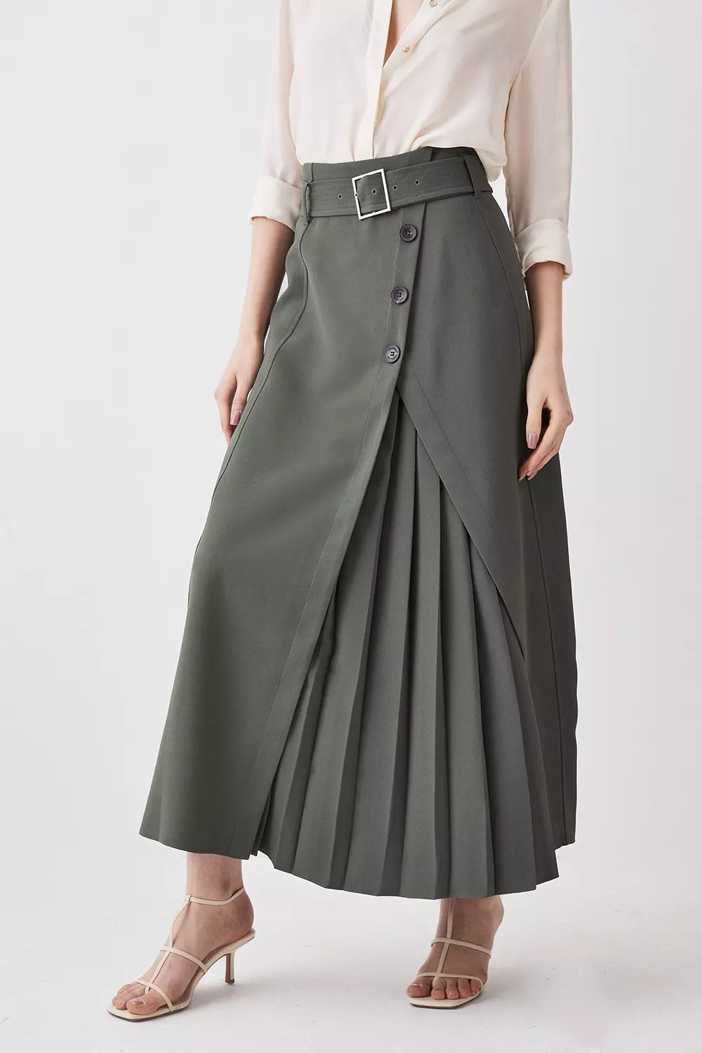 Belted Wrap Pleat Detail Midi Skirt