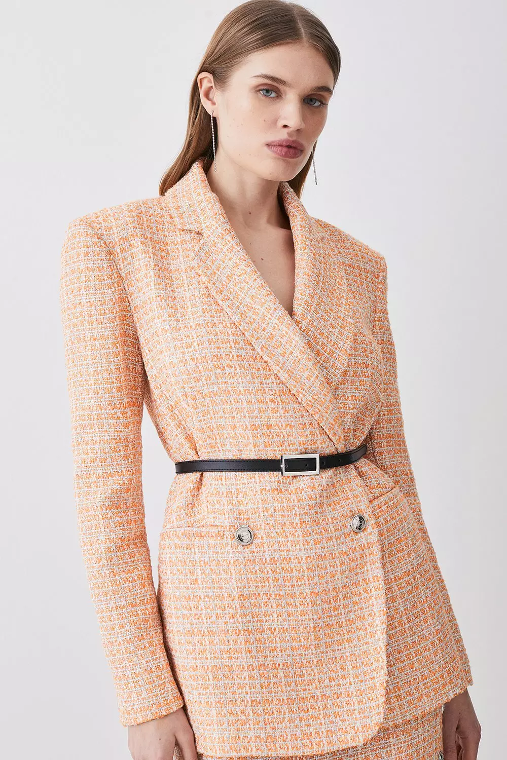 Tweed Oversized Belted Double Breasted Blazer | Karen Millen