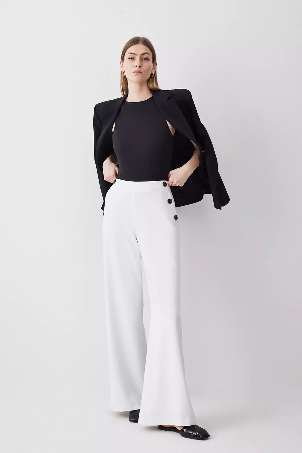 High Waisted Button Design Wide Leg Pants