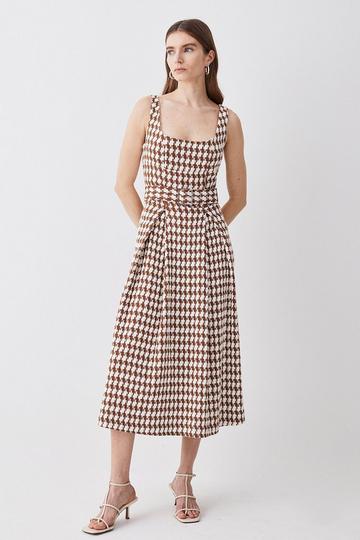 Brown Check Tweed Full Skirt Midi Dress