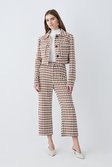 Brown Check Tweed High Waist Cropped Wide Leg Trousers 