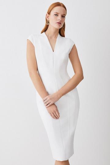 Italian Compact Scuba Jersey Seamed Pencil Midi Dress ivory