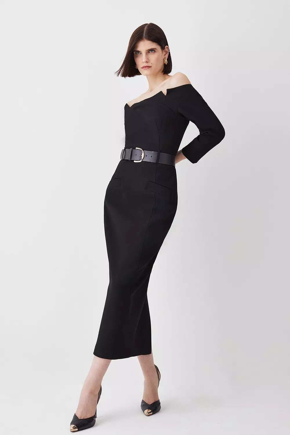 Structured Crepe Off Shoulder Belted Pencil Karen Millen
