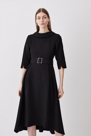 Black Structured Crepe Turtleneck Dip Hem Midi Dress