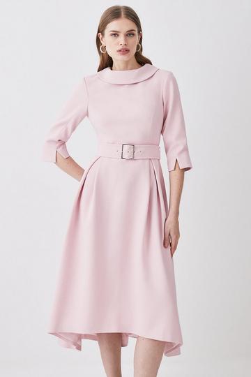 Blush Pink Structured Crepe Roll Neck Dip Hem Midi Dress