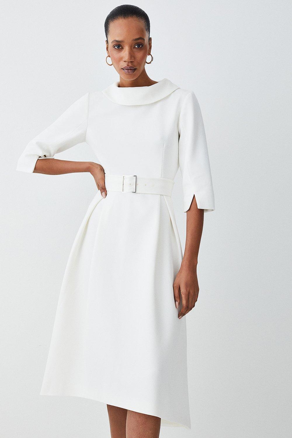 Structured Crepe Roll Neck Dip Hem Midi Dress - Ivory