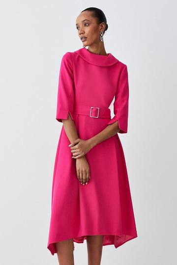 Pink Structured Crepe Roll Neck Dip Hem Midi Dress