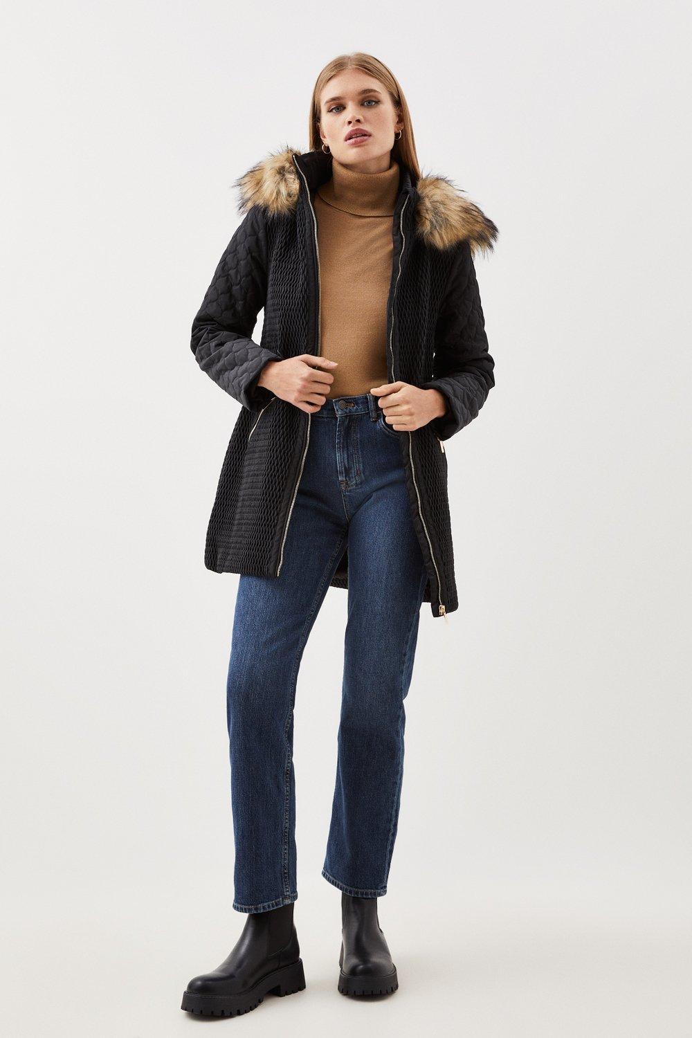 Faux Shearling Contrast Trim Hooded Midi Coat