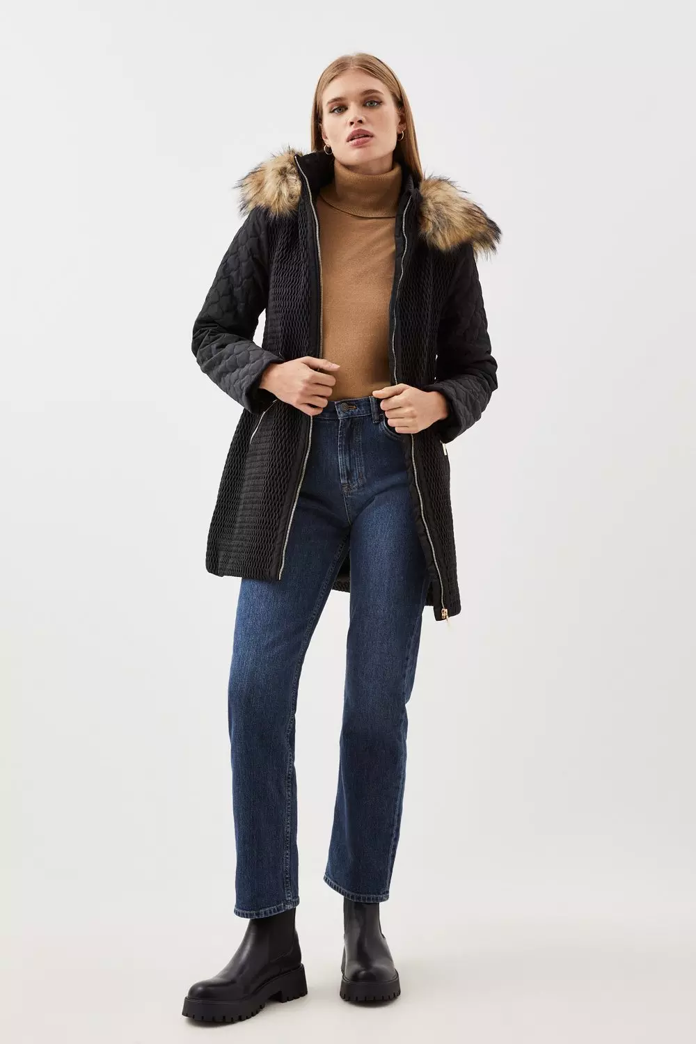 Signature Quilt Faux Fur Hood Mid Coat Karen Millen