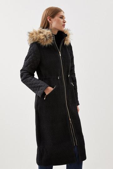 Black Signature Quilt Faux Fur Hood Longline Coat