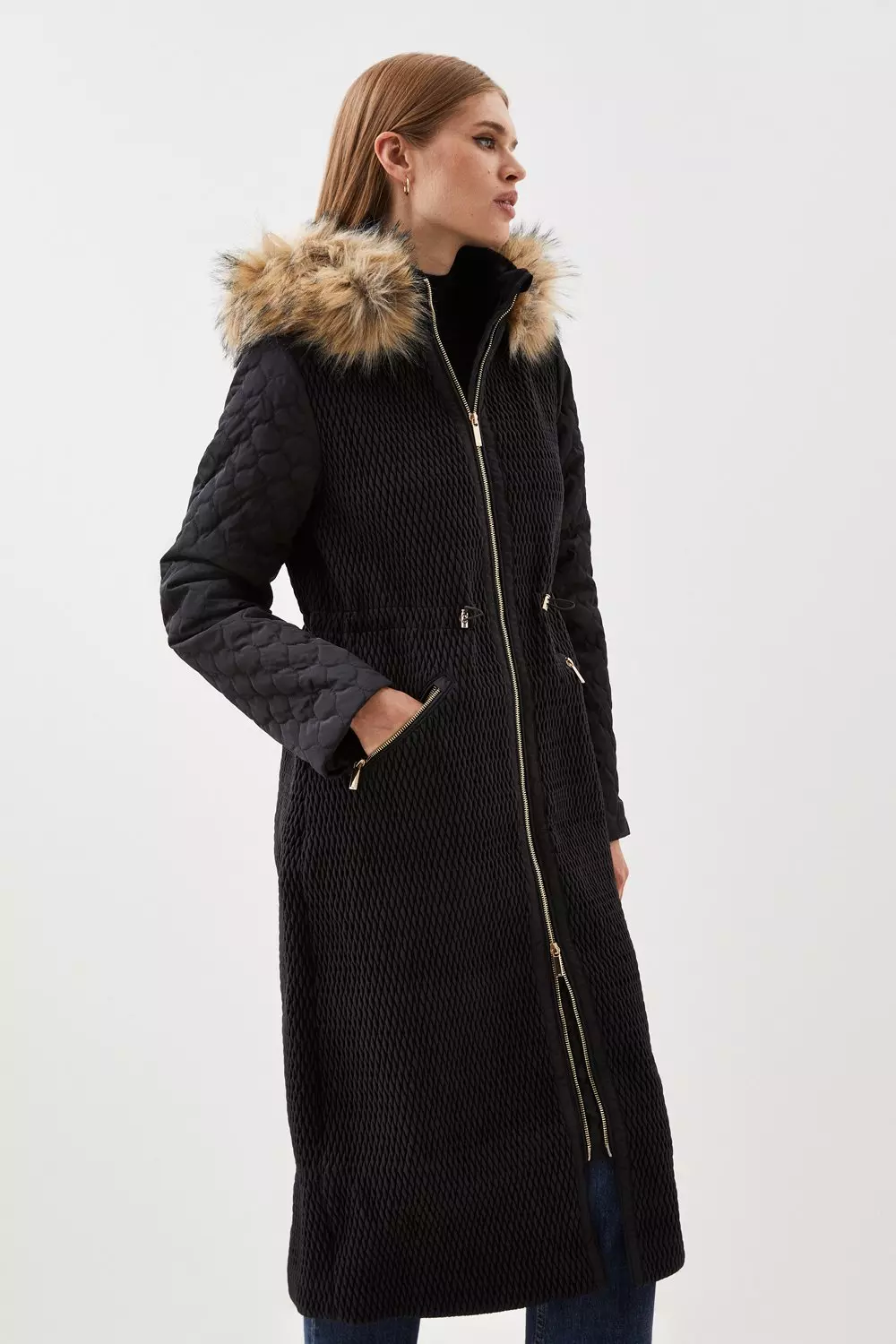 Karen millen black fur on sale coat