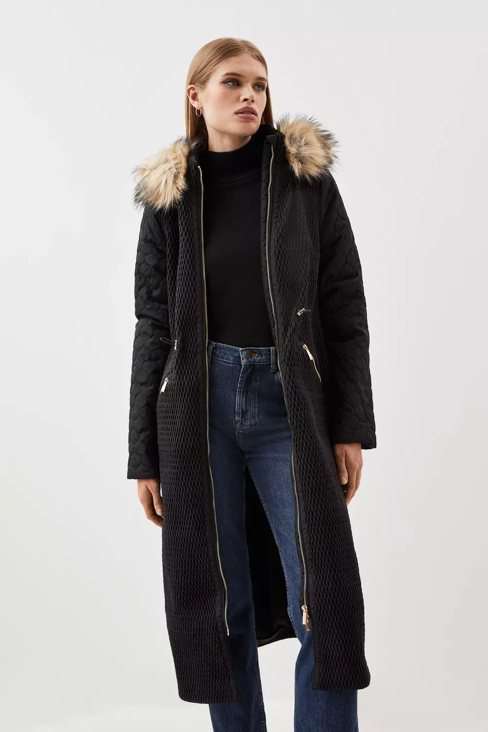 Black faux fur outlet trim longline parka