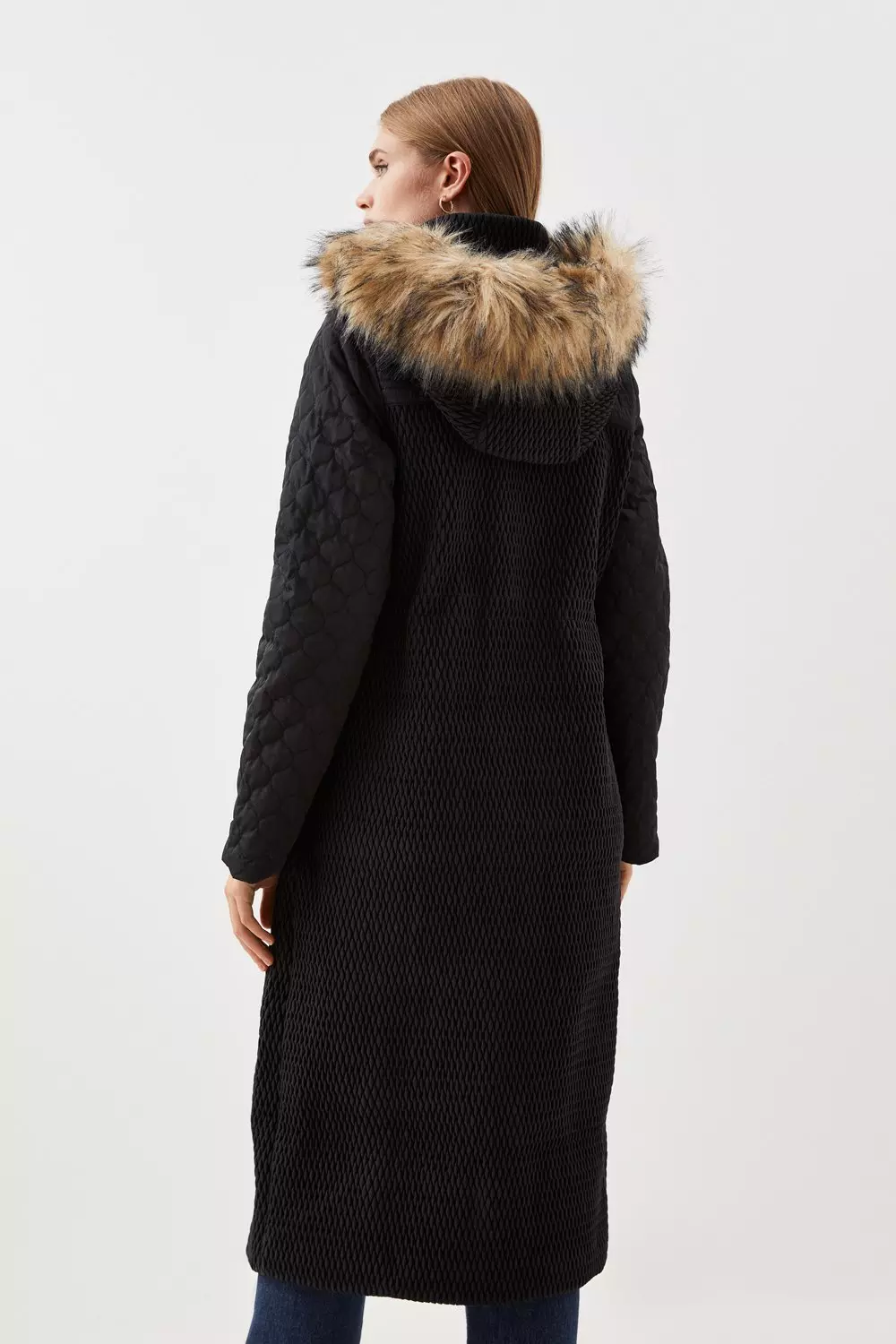 Black faux outlet fur longline coat