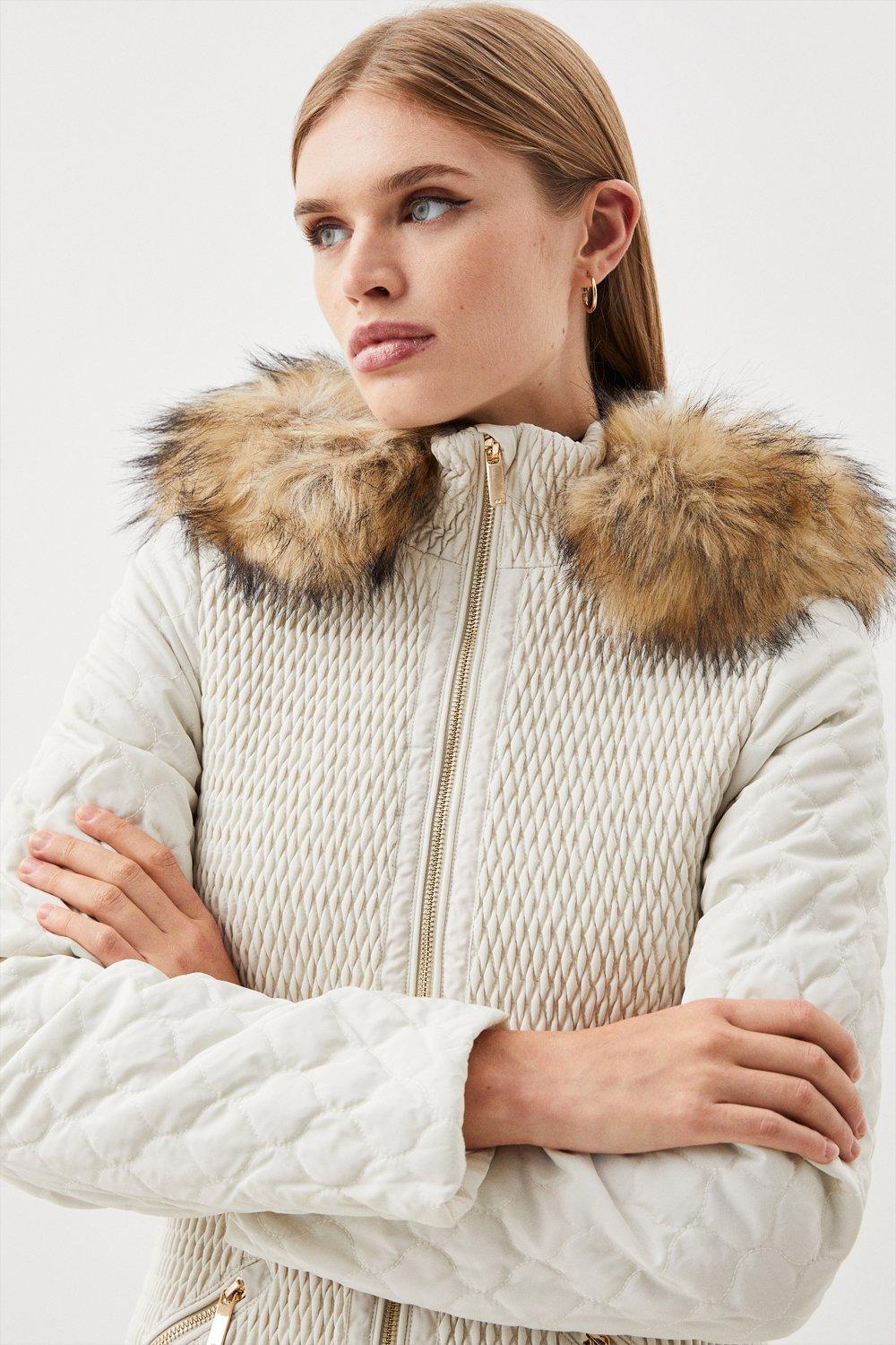 Quilted Faux Fur Hooded Jacket Camel