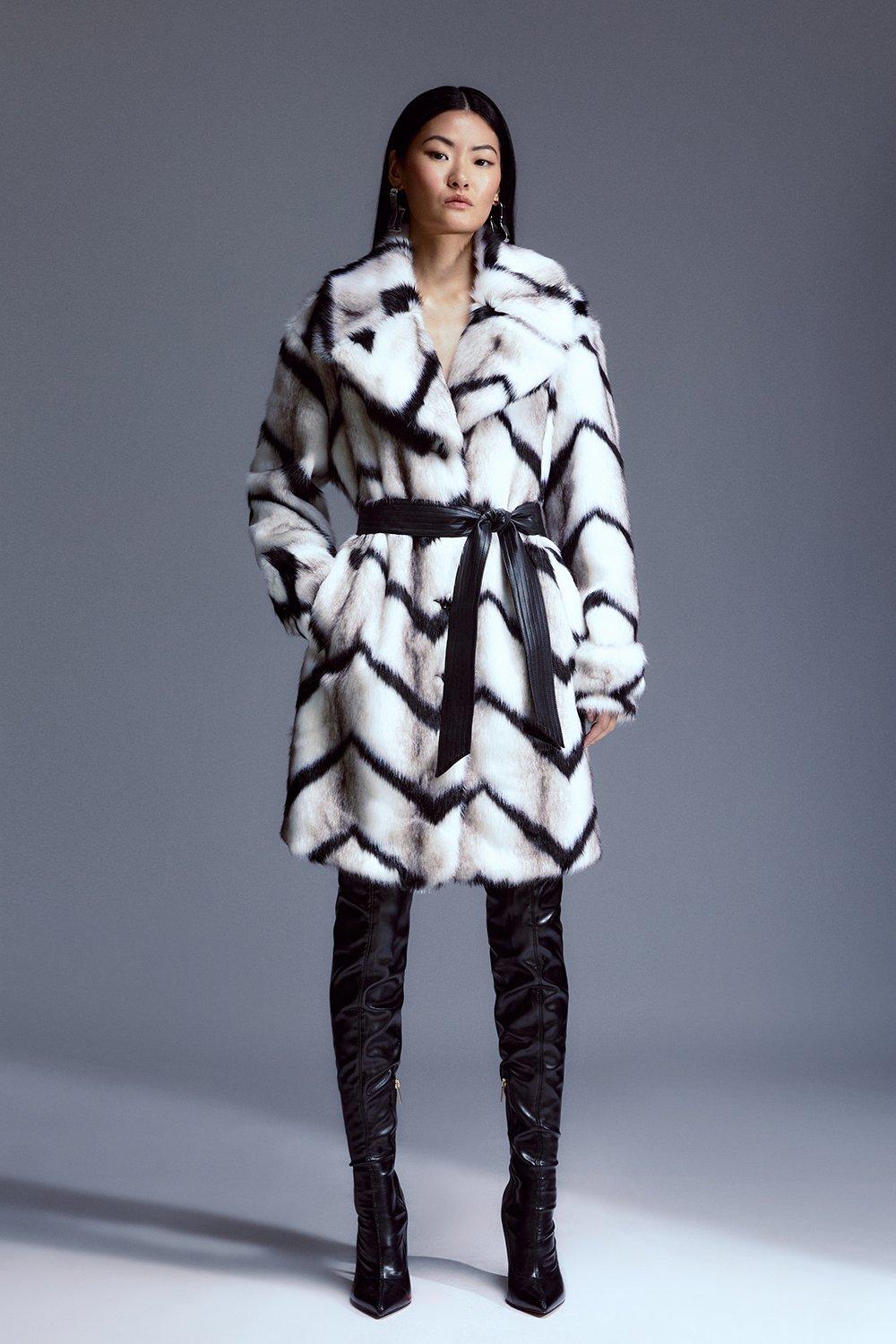 Mono Faux Fur Belted Longline Coat | Karen Millen