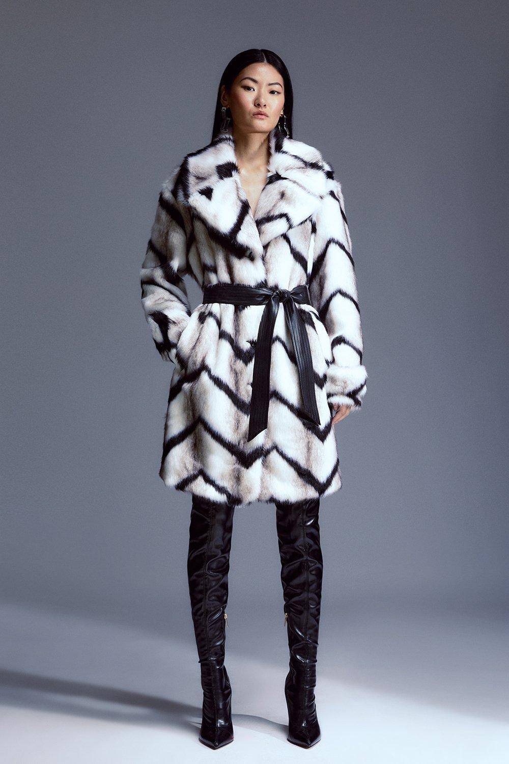 Mono Faux Fur Belted Longline Coat - Mono
