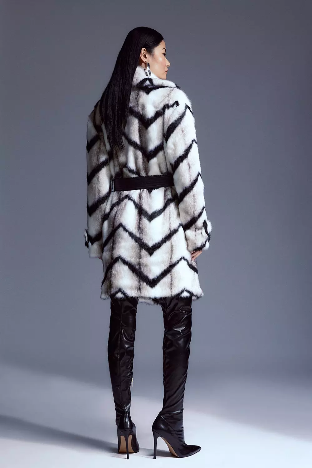 Black belted faux fur hot sale coat