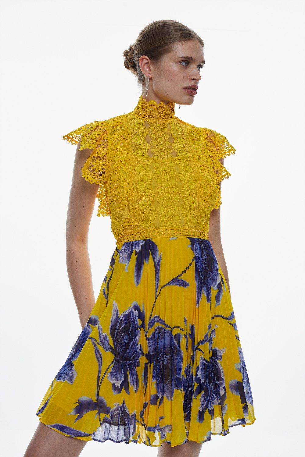 Karen millen yellow pleated floral sale midi dress