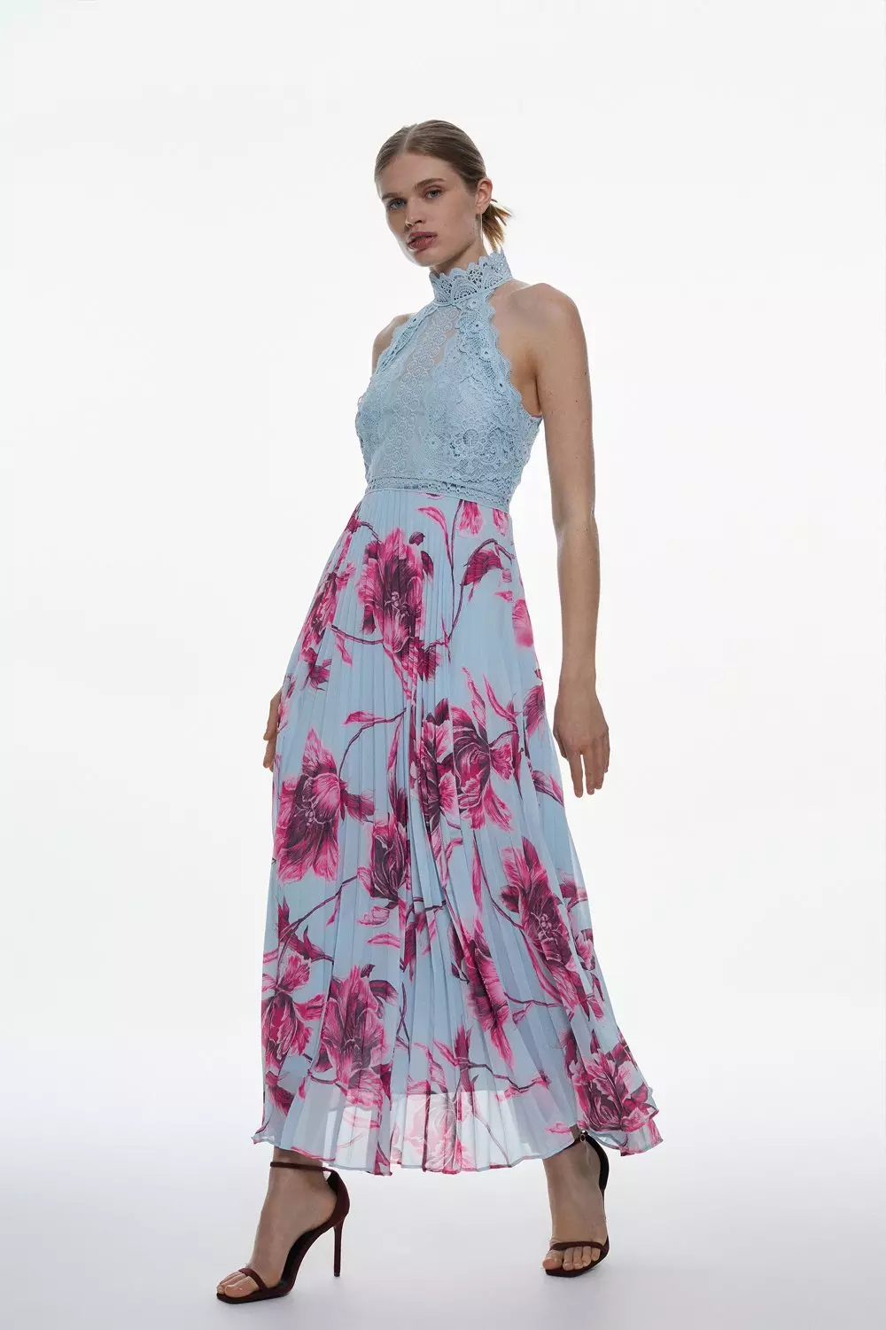 Tall Guipure Lace Mirrored Floral Pleated Woven Midi Dress