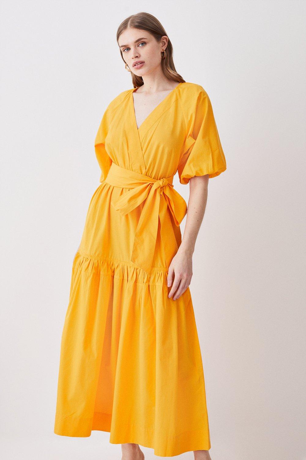 Cotton Balloon Sleeve Midi Dress | Karen Millen