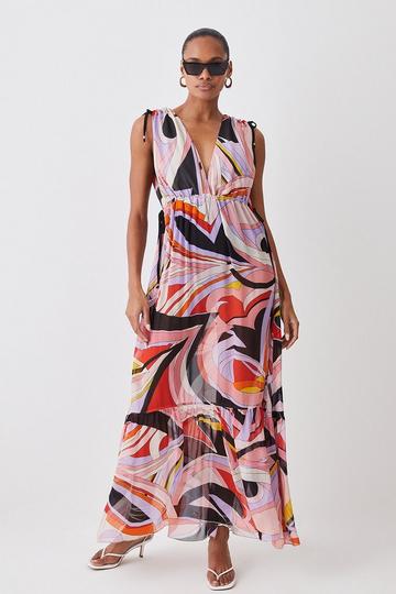 Abstract 60s Colourblock Silk Viscose Maxi Beach Dress multi