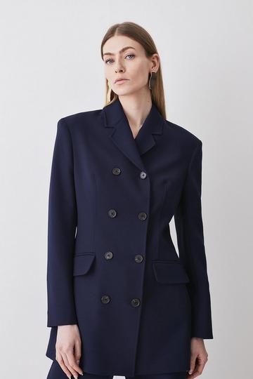 Navy Compact Stretch High Button Double Breasted Blazer