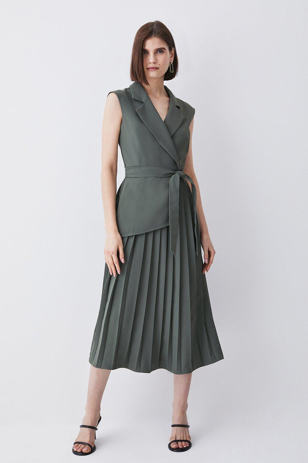 Tall Military Pleat Sleeveless Midi Dress | Karen Millen
