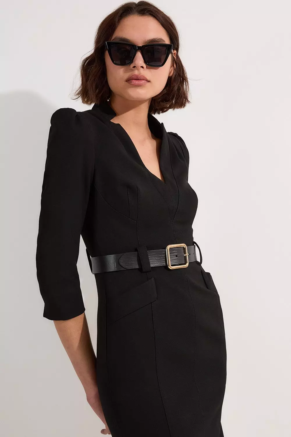 Crepe Shoulder Detail Belted Midi Dress