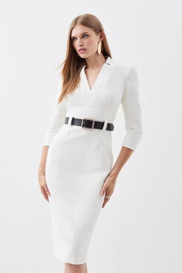 Structured Crepe Belted Forever Midi Dress ivory
