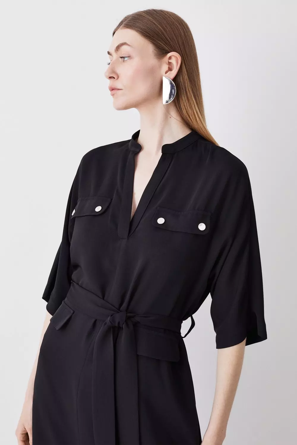 Soft Tailored Belted Relaxed Sleeve Midi Dress