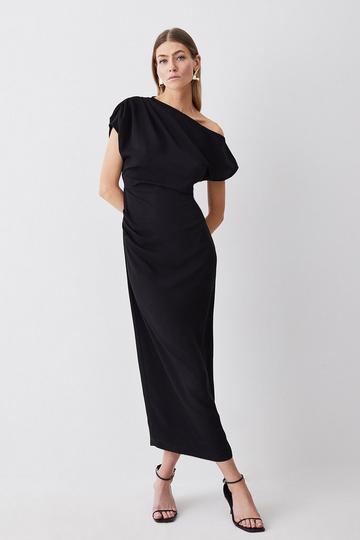 Black Soft Tailored Drop Shoulder Ruched Pencil Midi Dress