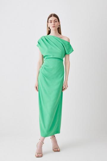 Green Soft Tailored Drop Shoulder Ruched Pencil Midi Dress
