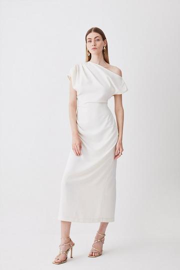 Soft Tailored Drop Shoulder Ruched Pencil Midi Dress ivory