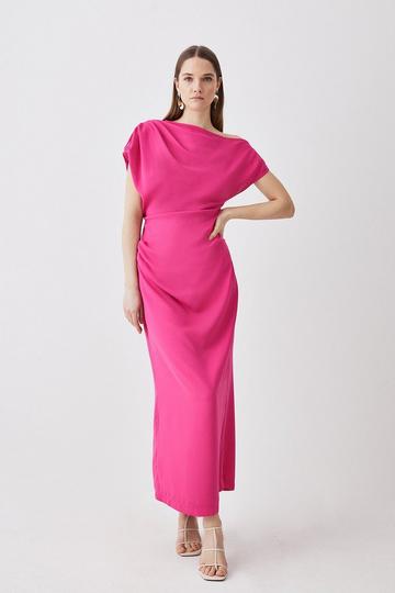 Pink Soft Tailored Drop Shoulder Ruched Pencil Midi Dress