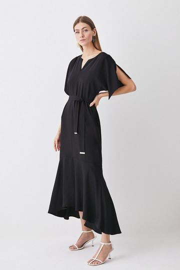 Black Soft Tailored Tie Belt Relaxed Sleeve High Low Midi Dress
