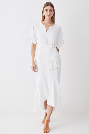 Soft Tailored Tie Belt Relaxed Sleeve High Low Midi Dress ivory