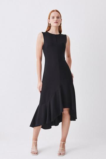 Black Soft Tailored Sleeveless Full Skirt High Low Midi Dress